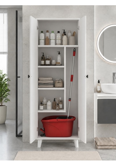 Lima Çok Amaçlı Banyo Ve Temizlik Dolabı Vileda Mop Bölmeli Kapaklı Depolama Dolabı Beyaz