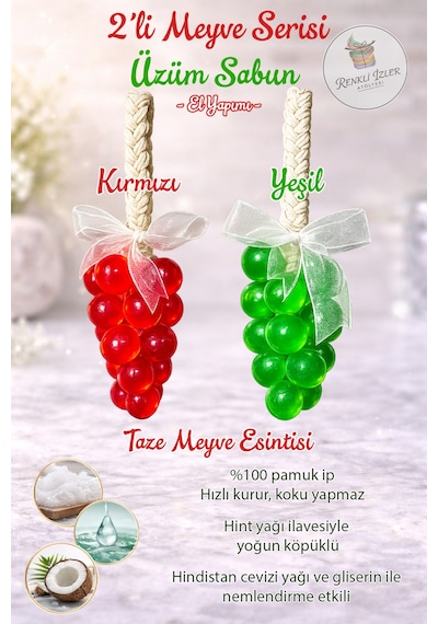 El Yapımı Üzüm Salkım Sabun İkili Set Kırmızı-yeşil Kurdelalı Karışık Meyve