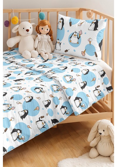 Evimde Bambaşka Penguen Mavi Çocuk Odası Tek Kişilik Pike Takımı-sevimli Modern Siyah 160x220 CM Kapitone Yazlık Örtü