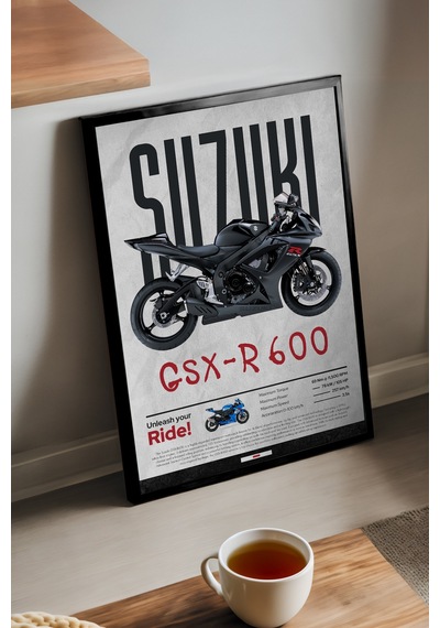 Suzuki Gsx-r 600 Siyah Ahşap Çerçeveli Poster, Dekoratif Motosiklet Duvar Tablosu
