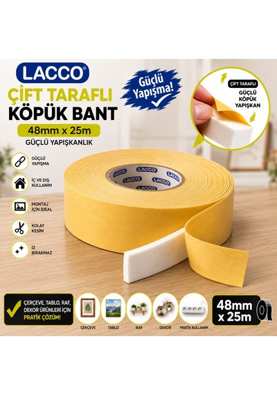 Lacco Çift Taraflı Köpük Bant 48 Mm X 25 M Güçlü Yapışkanlı Montaj Bandı Çok Amaçlı Beyaz 1 Adet