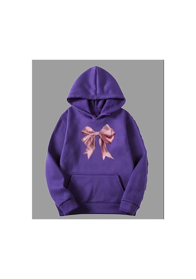 Herkesemoda Pembe Kurdele Baskılı Kapşonlu Sweatshirt Mor
