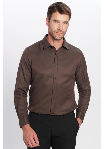 Tudors Modern Slim Fit Uzun Kollu Pamuklu Kolay Ütü Armürlü Erkek Kahve Gömlek-25752 Kahverengi