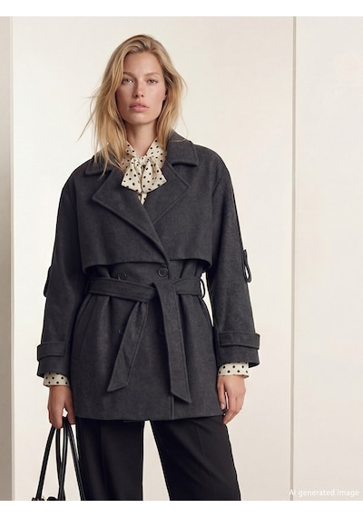 Lcw Vision Antrasit Kruvaze Yaka Oversize Kadın Kaşe Kaban