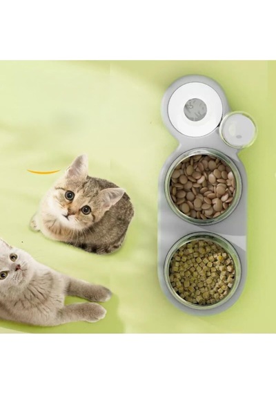 Tr 3 Bölmeli Otomatik Kedi Köpek Mama Ve Su Kabı 2 Mama Ve 1 Su Hazneli Besleme Ünitesi Modern Ve Şık Tasarım