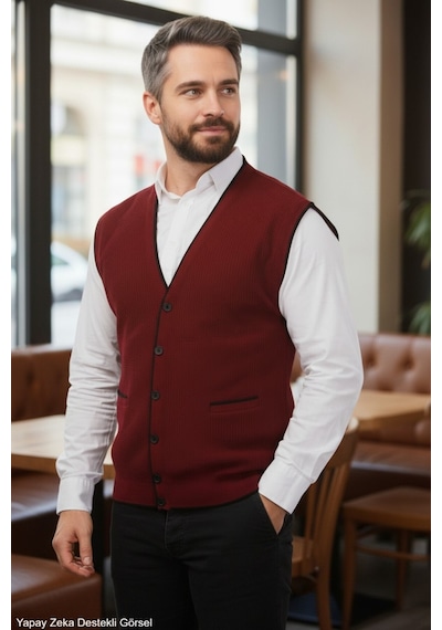 Kamalı Bordo Erkek V Yaka Triko Düğmeli Cepli Çizgi Desenli Regular Fit Tüylenmeyen Örgü Yelek Bordo