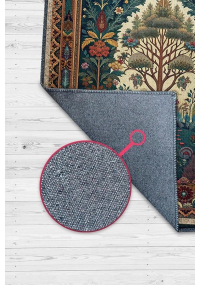 Homshtag Art Deco Etnik Bitki Vintage Halı Görünümlü Dijital Baskı Yeşil Renk Rustik Çiçekli Halı Çok Renkli