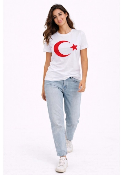 Wear Vexel Kadın T-shirt Kısa Kol Bisiklet Yaka Ay Yıldız Bayrak Baskılı Tişört - Beyaz Beyaz
