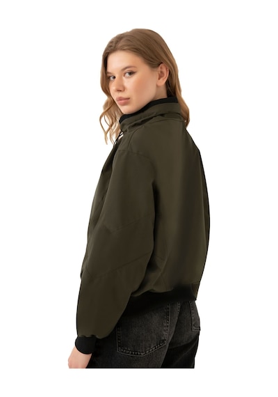 Firststops Kadın Haki Dik Yaka Su Ve Rüzgar Geçirmez Oversize Crop Mevsimlik Yağmurluk Rüzgarlık Haki