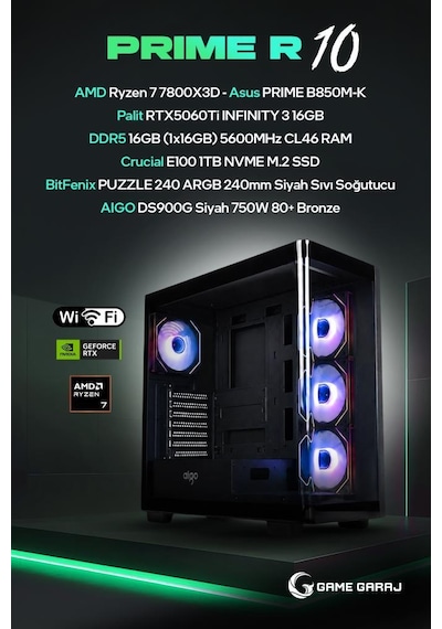 Game Garaj PRIME-R10 R7-7800X3D 16 GB RTX5060Ti 16 GB 1 TB SSD Free Dos Oem Paket Masaüstü Oyuncu Bilgisayarı
