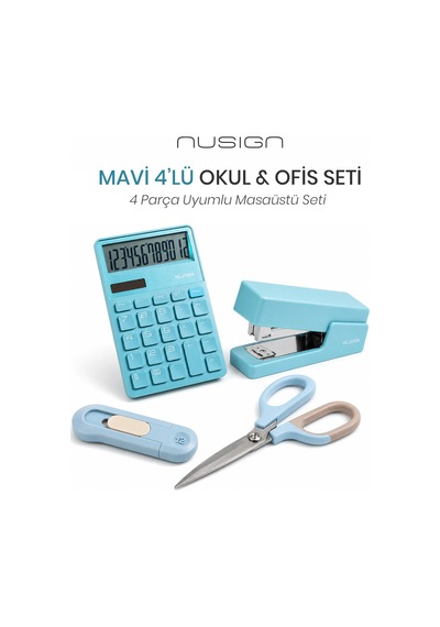 Nusign Hesap Makinesi &zımba & Makas Kırtasiye Seti - Mavi