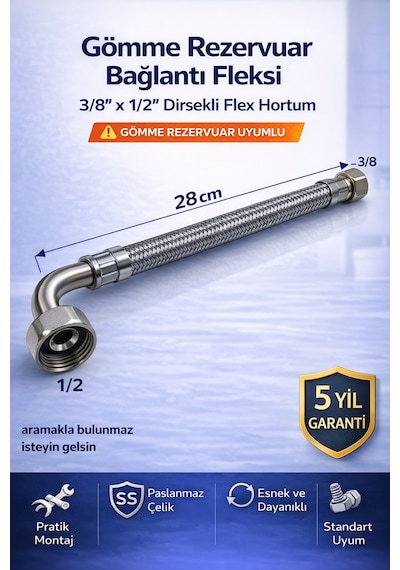 Gömme Rezervuar Fleks Hortum Dirsekli 3/8 X 1/2 Çelik Örgülü Bağlantı Hortumu 28 Cm Gri