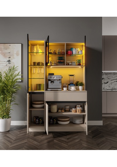 Viona Kum Beji Midi Sol Vitrinli Komple Mdf Led Aydınlatmalı Kahve Köşesi Bej