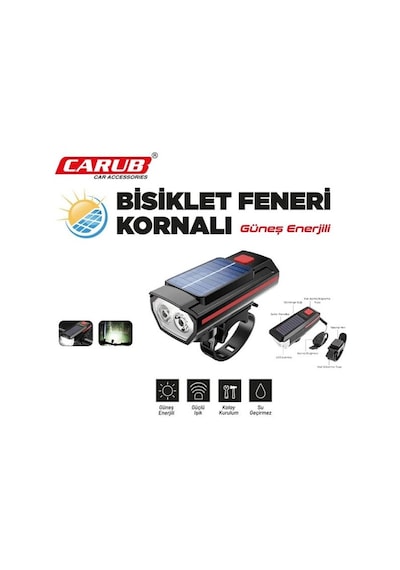 Carub Güneş Enerjili Kornalı Bisiklet Feneri Led Işıldak Siyah  - Kırmızı