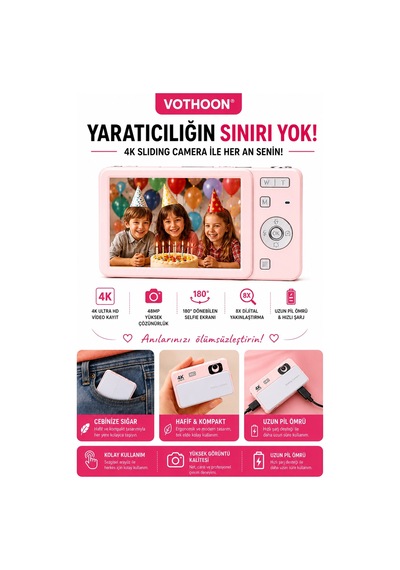 Dijital Kamera 4k Hd 48mp 8x Zoom Flaşlı Kayar Retro Video Kamera 2.4 Ekran 64gb Sd Kart Hediyeli Pembe