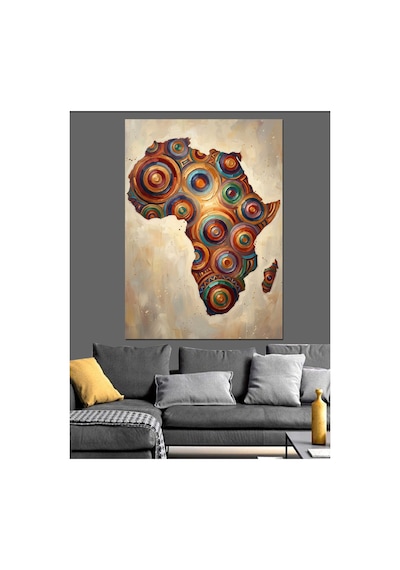 Renkli Desenli Afrika Kıtası Haritası Yağlı Boya Dokulu Kanvas Tablo Canvas Tablosu