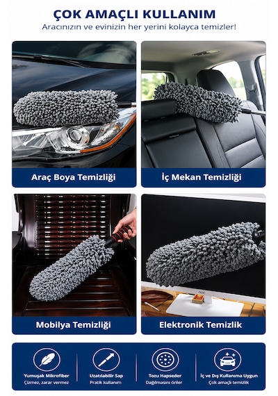 Araç Toz Alma Püskülü - Uzayabilen Sap - Mikrofiber Toz Tutan Püskül - Ekstra Sağlam Teleskopik Sap - Sünger Tutamaç 1