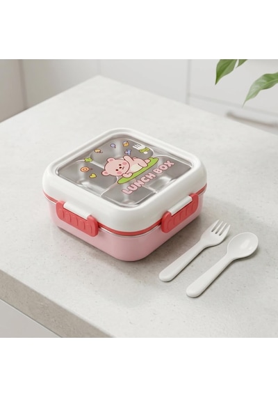 Paslanmaz Çelik 3 Bölmeli Kilitli Yemek Kabı 2000 Ml, Çatal Kaşık Dahil Renkli Desenli Lunch Box, Çelik İç Hazneli Saklama Ve Taşıma Kabı