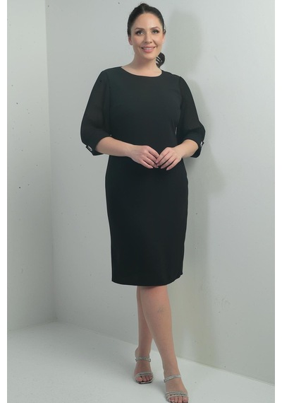 By Saygı Kadın Kolları Şifon Piliseli Astarlı Büyük Beden Elbise-40264 Siyah