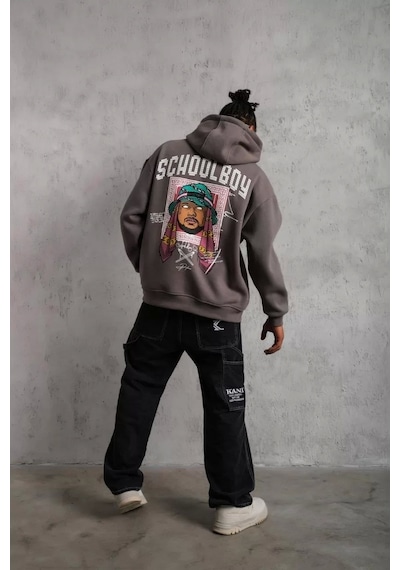 Erkek School Boy Baskılı Kapüşonlu Sweat - Gri