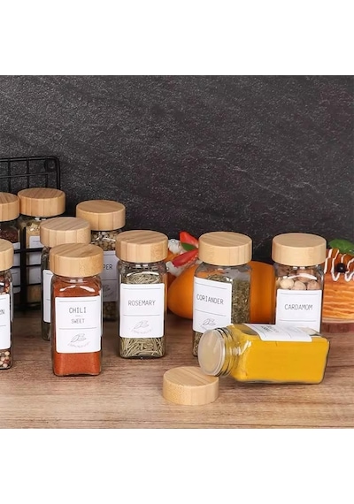12&apos Li Bambu Ve Akasya Kapaklı Cam Baharatlık Seti 120 Ml - Doğal Ahşap Kapaklı, Şeffaf Cam, Sağlıklı Ve Şık Baharat Kavanozları Bambu Kapak Diğer
