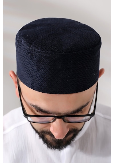 Lacivert Petek Kareli Kadife Kalıp Namaz Takkesi