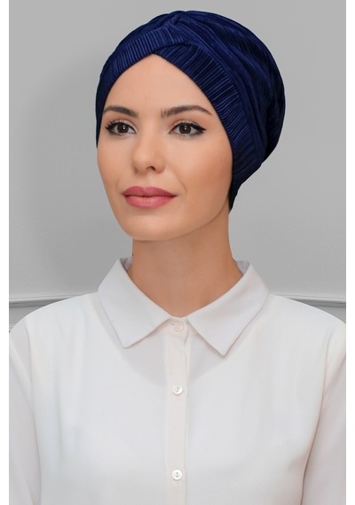 Hürrem Bone Lacivert Pratik Hazır Geçmeli Tesettür Bone Fukuro Piliseli Tek Ç Lacivert