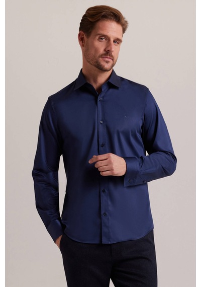 Erkek Lacivert Uzun Kol Slim Fit Saten Gömlek