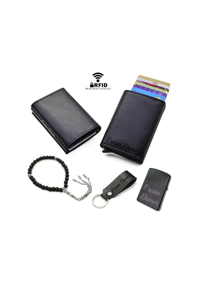 Ayleen Ayz Kişiye Özel Mekanizmalı Erkek Kartlık Tesbih Çakmak Anahtarlık Siyah Set Renk-Hediye Paket Seçenek Erkek Cüzdan & Kartlık 23833044