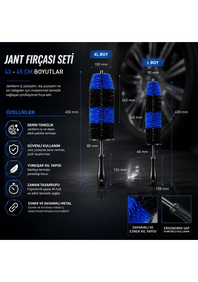 Sgcb Araç Jant Temizlik Fırçası Seti 2li Paket L+xl Boy Çizmez Esnek Oto Temizleme Detay Fırça