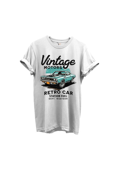 Vintage Motors Yazılı Retro Araba Baskılı %100 Pamuk Regular Fit Unisex T-shirt Beyaz