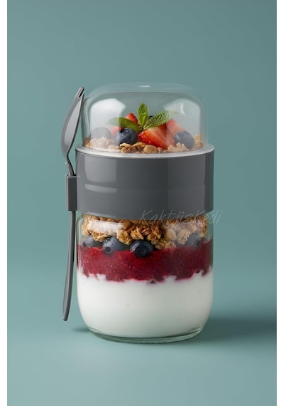 Kaşıklı Çatallı Cam Öğün Bardağı - Yemek Taşıma Ve Saklama Kabı - Müsli Kabı 625 Ml Antrasit, 7 Diğer
