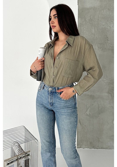Sim Detaylı Kırışık Görünüm Oversize Gömlek Breeze haki