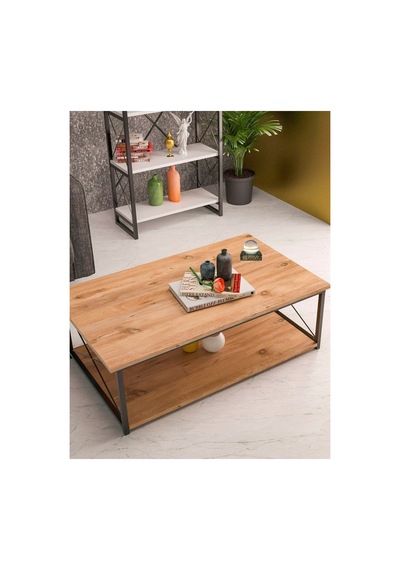 Ceviz Desenli Çift Raflı Orta Sehpa 90x50 Cm