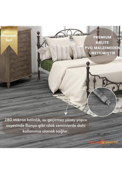 Technosmart 60 500cm Kendinden Yapışkanlı Parke Görünümlü Premium Zemin Duvar Kağıdı Dolap Kaplama Antrasit