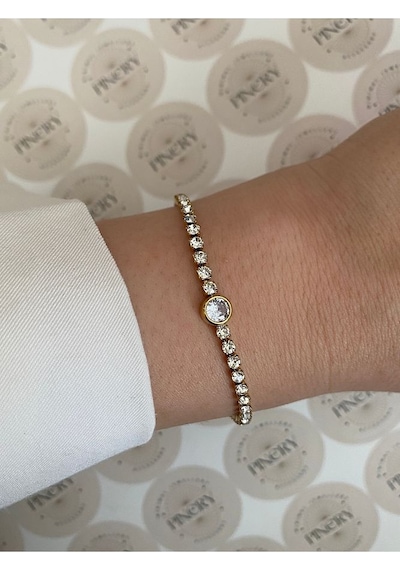 Pinery Jewels Oval Zirkon Taşlı Çelik Kararmaz Kelepçe Kadın Bileklik Altın