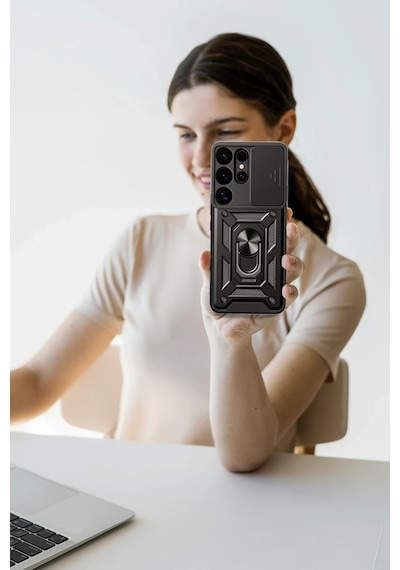 Uray Store Samsung Galaxy Uyumlu  S26 Ultra Pars Lens Yüzüklü Silikon - Siyah
