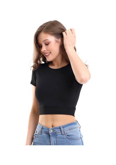 Winmoda34 Kadın Dalgıç Kumaş Crop Büstiyer Siyah Bisiklet Yaka siyah
