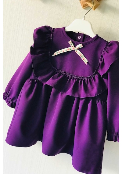 Fırfır Ve Kurdele Detaylı Mor Krep Kız Çocuk Bebek Elbise 001