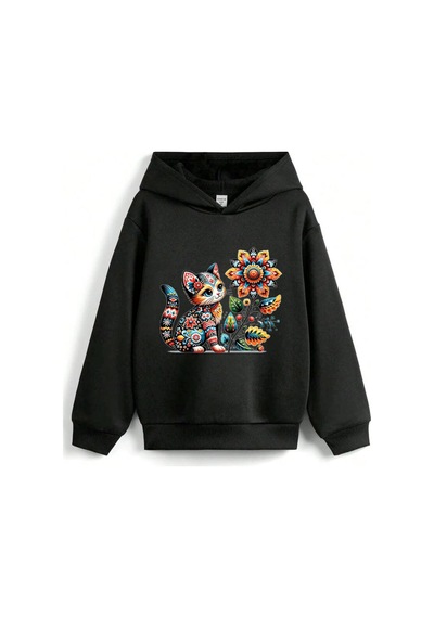 Stil X Sevimli Kediler Baskılı Kapüşonlu Çocuk Sweatshırt Siyah-1