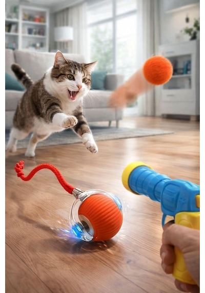 Ayrex Usb Şarjlı Akıllı Led İnteraktif Kedi Topu Ve Peluş Top Fırlatma Tabancası Seti, 20 Adet Peluş Toplu Kedi
