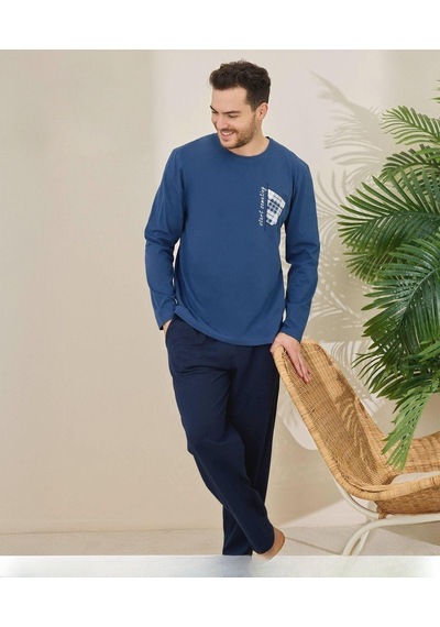 Pijamoni Erkek Pamuklu Bisiklet Yaka Uzun Kol İnce Pijama Takımı 6150/6 - 1 Adet Mavi