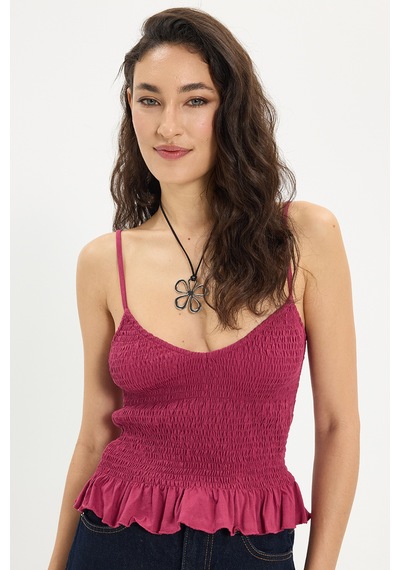 Tudors Kadın Slim Fit Dar Kesim %100 Pamuk Askılı Büzgülü V Yaka Fuşya Bluz-50368 FUŞYA