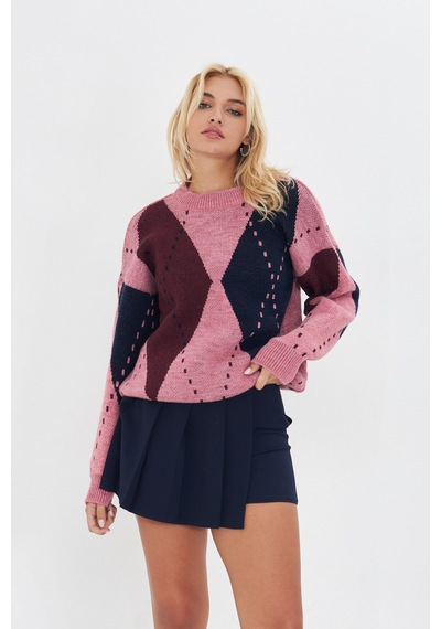 Pudra-bodro-lacivert Baklava Desen Oversize Triko Bordo