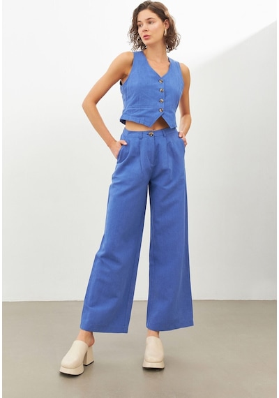 Stella Pulvis Mavi Keten Yüksek Bel Wide Leg Pantolon Mavi