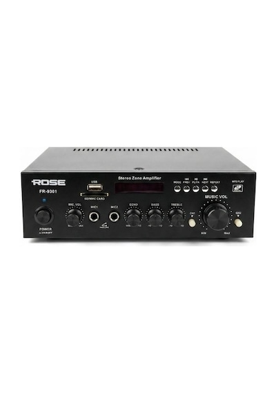 Rose Fr-9301 80 Watt 2 Zone Trafolu Mağaza Anfisi Ekolu 2 Mikrofon Girişli Mp3, Bluetooth, Sd Kart, Kumandalı