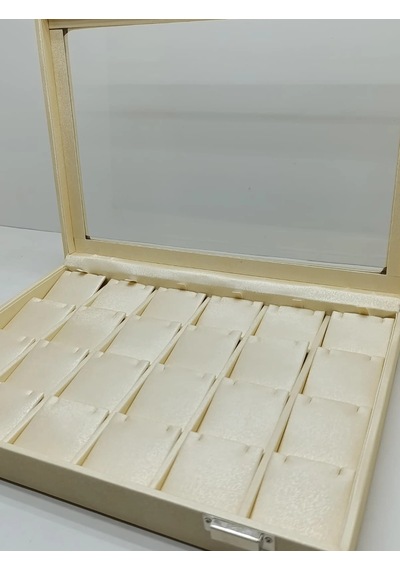 Yeni Cam Kapaklı Imera Deri Kumaş Krem Renk 34 Cm / 24 Cm 20 Bölmeli Küpe Sergileme Standı