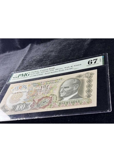 Türk Lirası Pmg 67 Epq Superb Gem Unc 100 Lira P 189b 1970 Nd 1979 S/n H09 6. Emisyon 2. Tertip