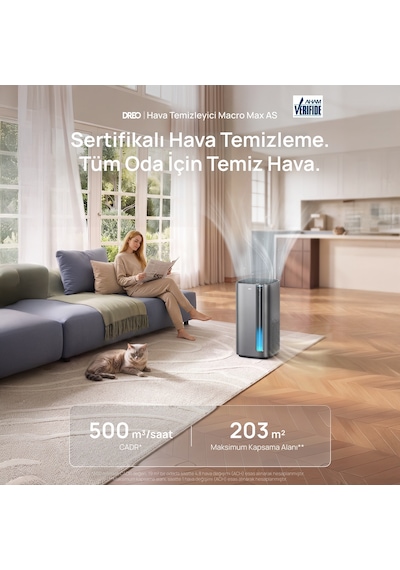 Air Purifier Macro Max S Akıllı Hava Temizleyici, Hepa Filtre, Pm2.5 Sensör, 18 Db, 203 M², Rgb Işık Gri