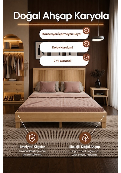 Alaz Dikey Başlıklı Masif Ahşap Karyola Vernik 100x200